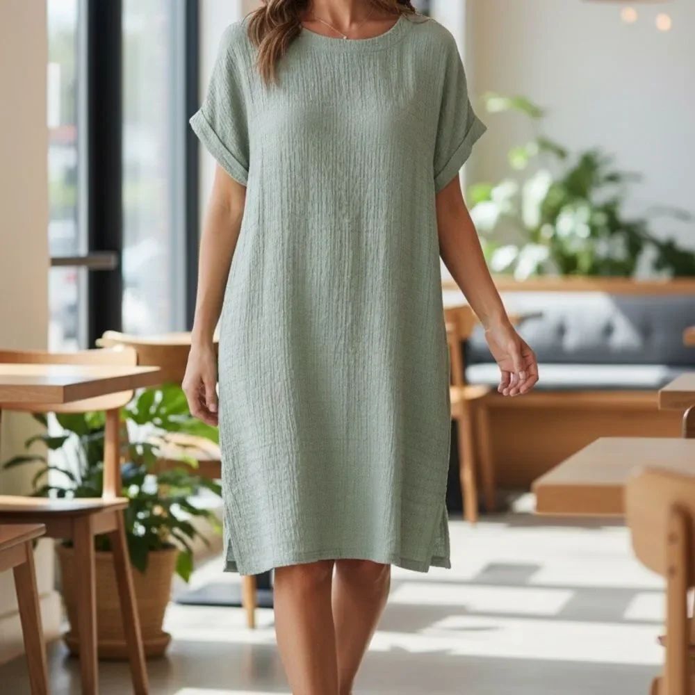 Soft Surroundings Womens Green Textured Short Sleeve Shift Dress Petite Medium